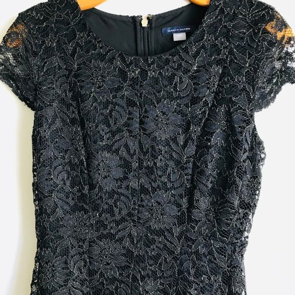 Tommy Hilfiger Black Shine Allover Lace Fit and Flare Dress - Picture 7 of 11